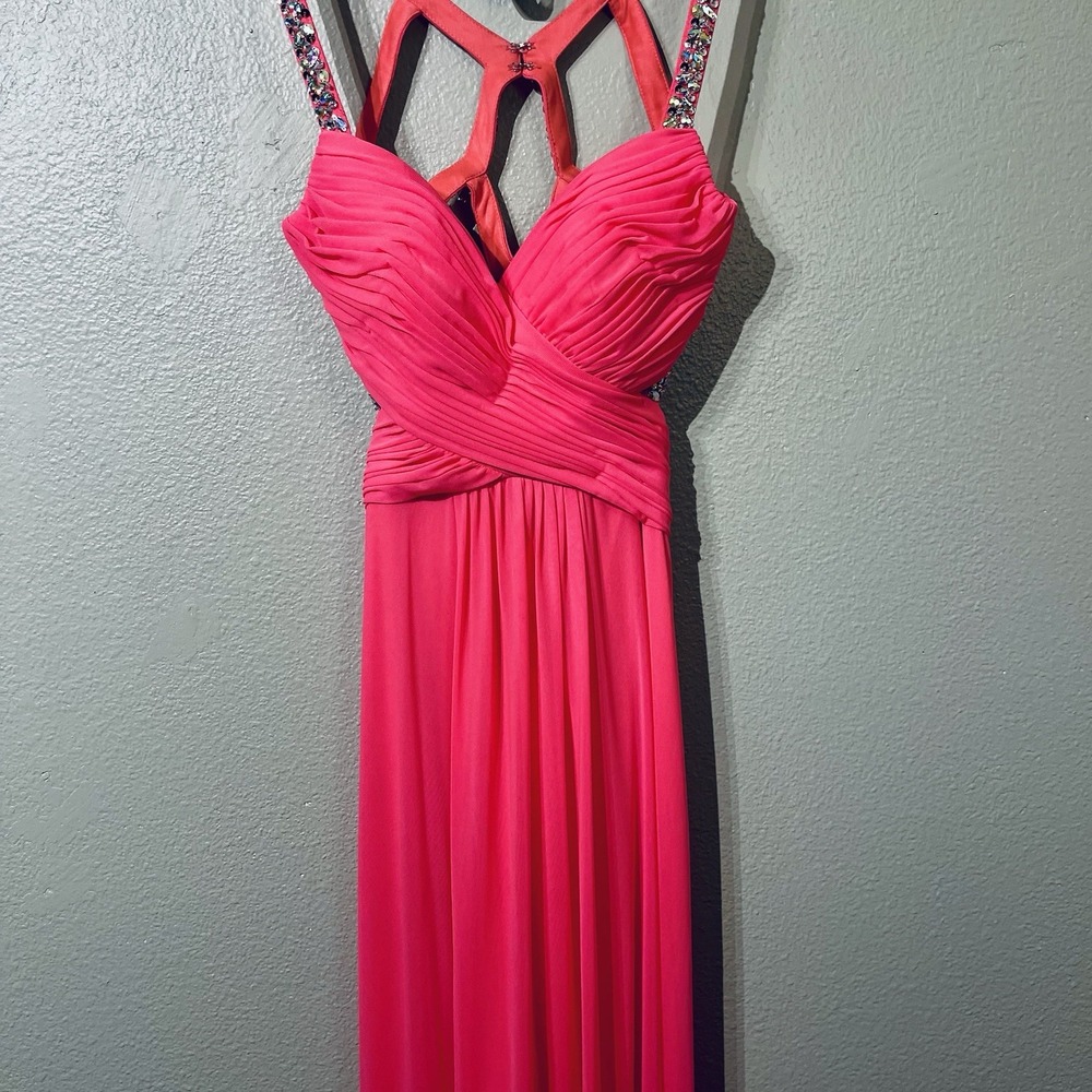Jump Apparel Coral Long Dress Sequin Strap Back Waist Cut Out Rushed Top Sz 3/4